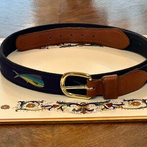 Preston Leather "Four Fish" belt featuring embroidered fish, leather tab, and br